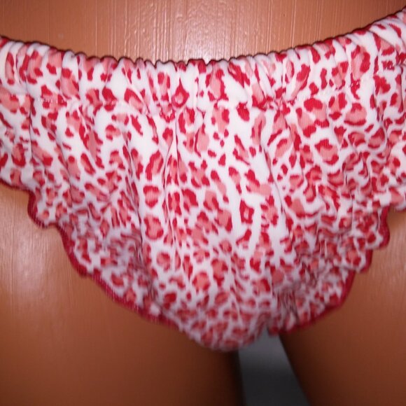 Victoria Secret PINK Swim Bikini Bottom Thong Red White Leopard Ruffle String Ti - Picture 4 of 8